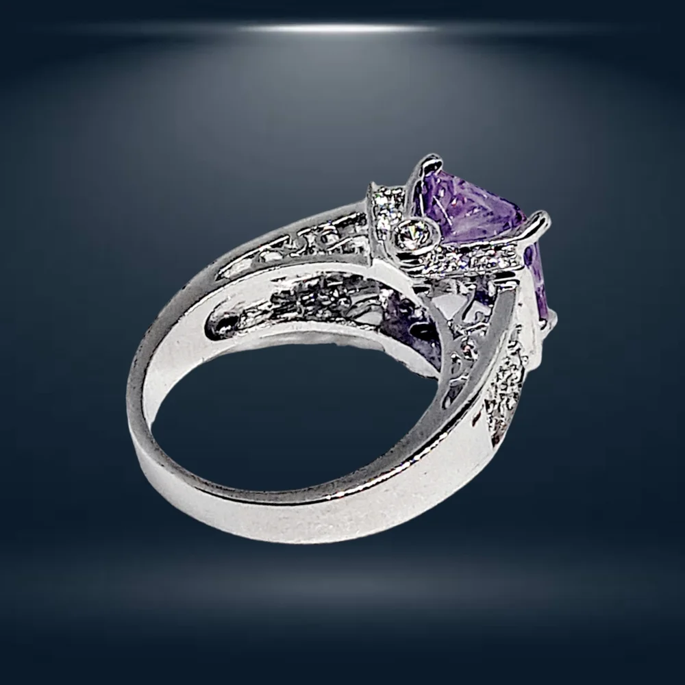 Princess-Cut Brilliant Amethyst Color Stone Cocktail Silver Ring